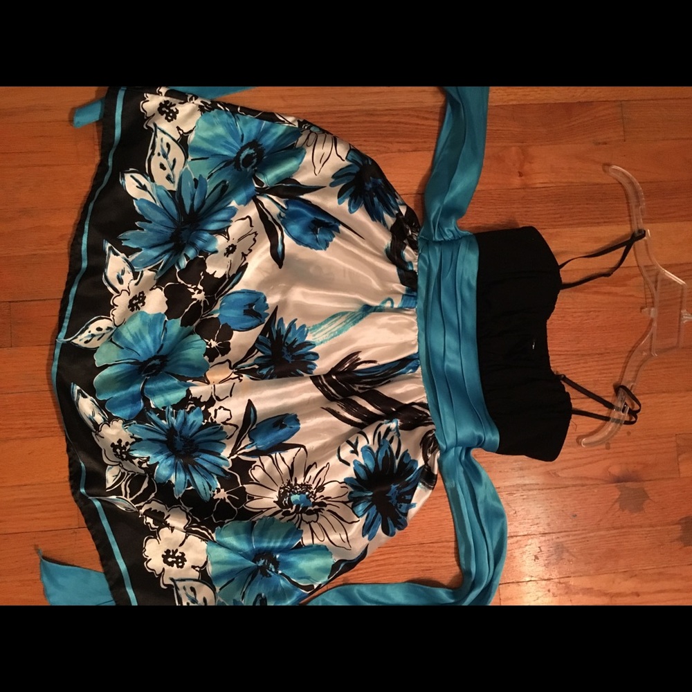 Black blue and white satin flower dress